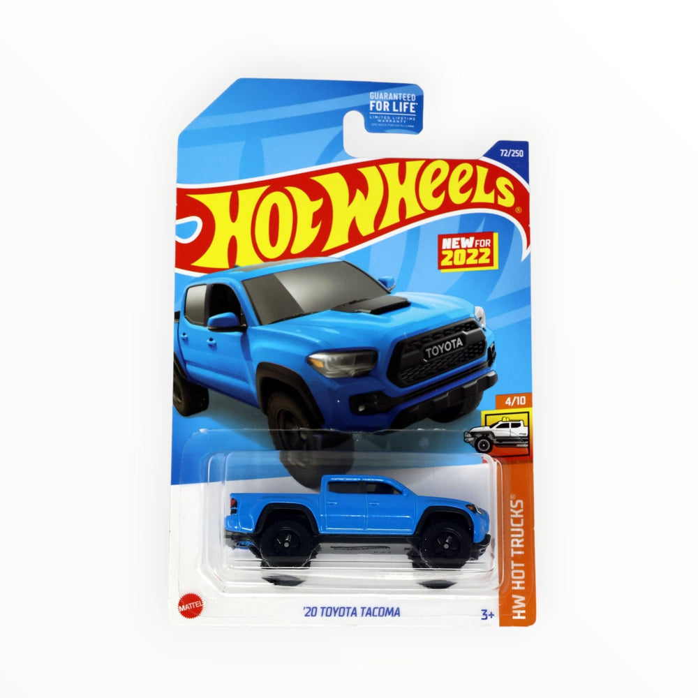 Hot Wheels Toyota Tacoma 2020 blue side view, ideal for collection desks.