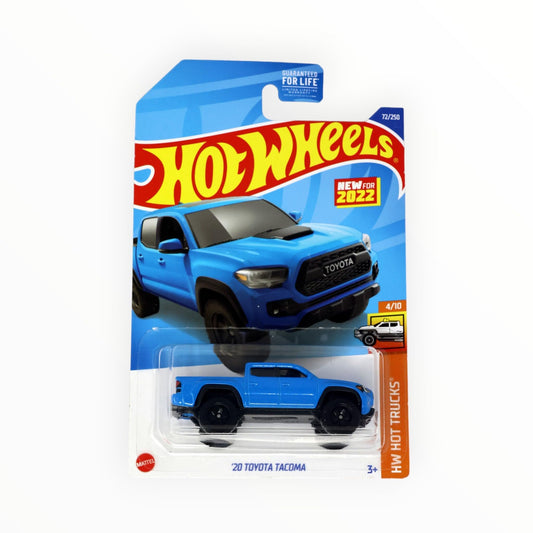 Hot Wheels Toyota Tacoma 2020 blue side view, ideal for collection desks.