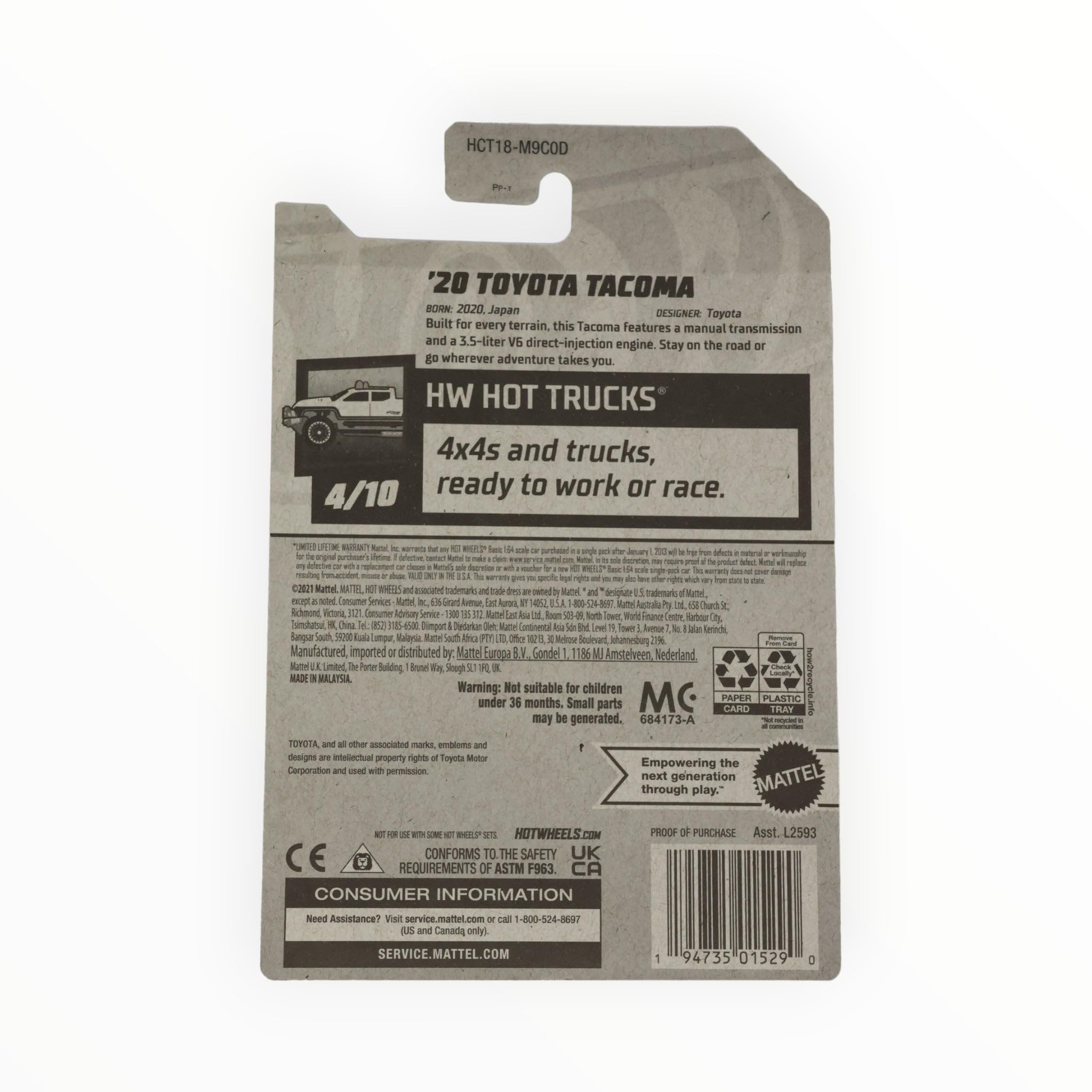 Hot Wheels Toyota Tacoma 2020 blue top-angle, great gift for car fans.