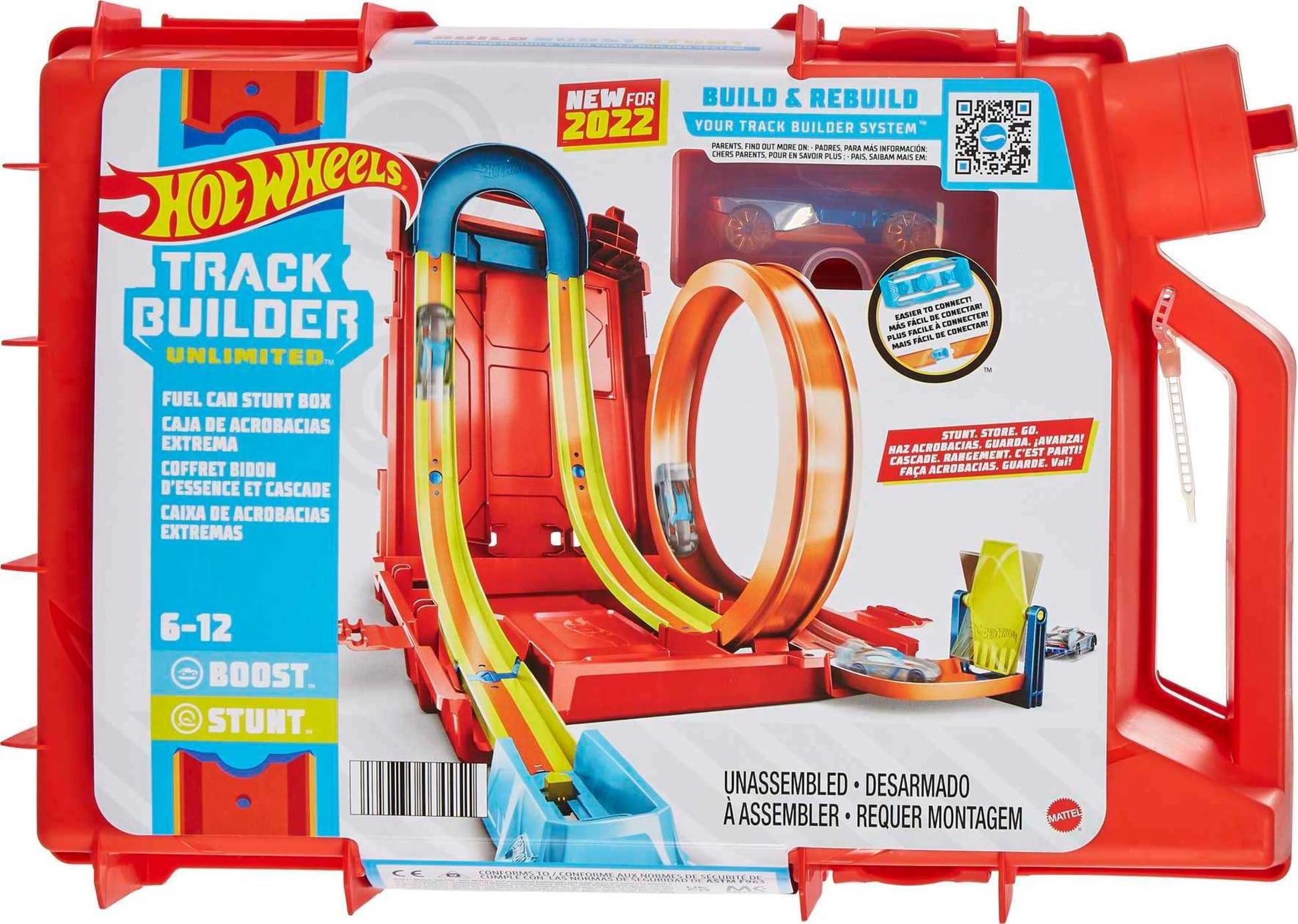 Hot Wheels Track Builder Fuel Can Stunt Box open case showing organized track pieces for quick setups
