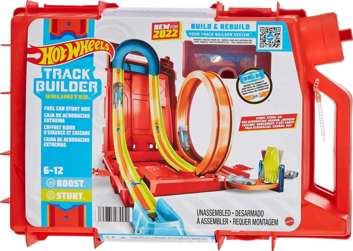 Hot Wheels Track Builder Fuel Can Stunt Box open case showing organized track pieces for quick setups