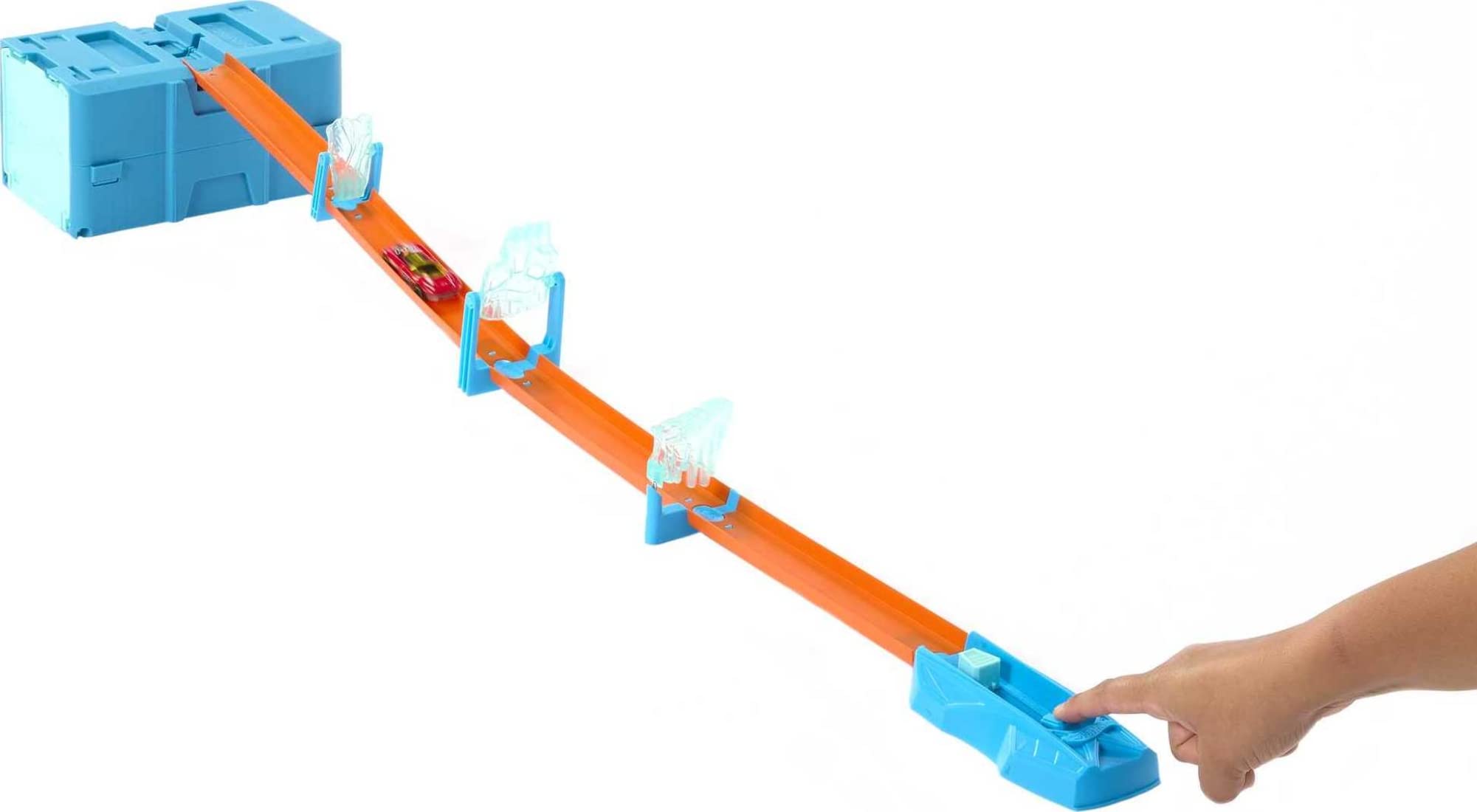 Hot Wheels Ice Crash Pack storage box keeps parts organized for quick setup.