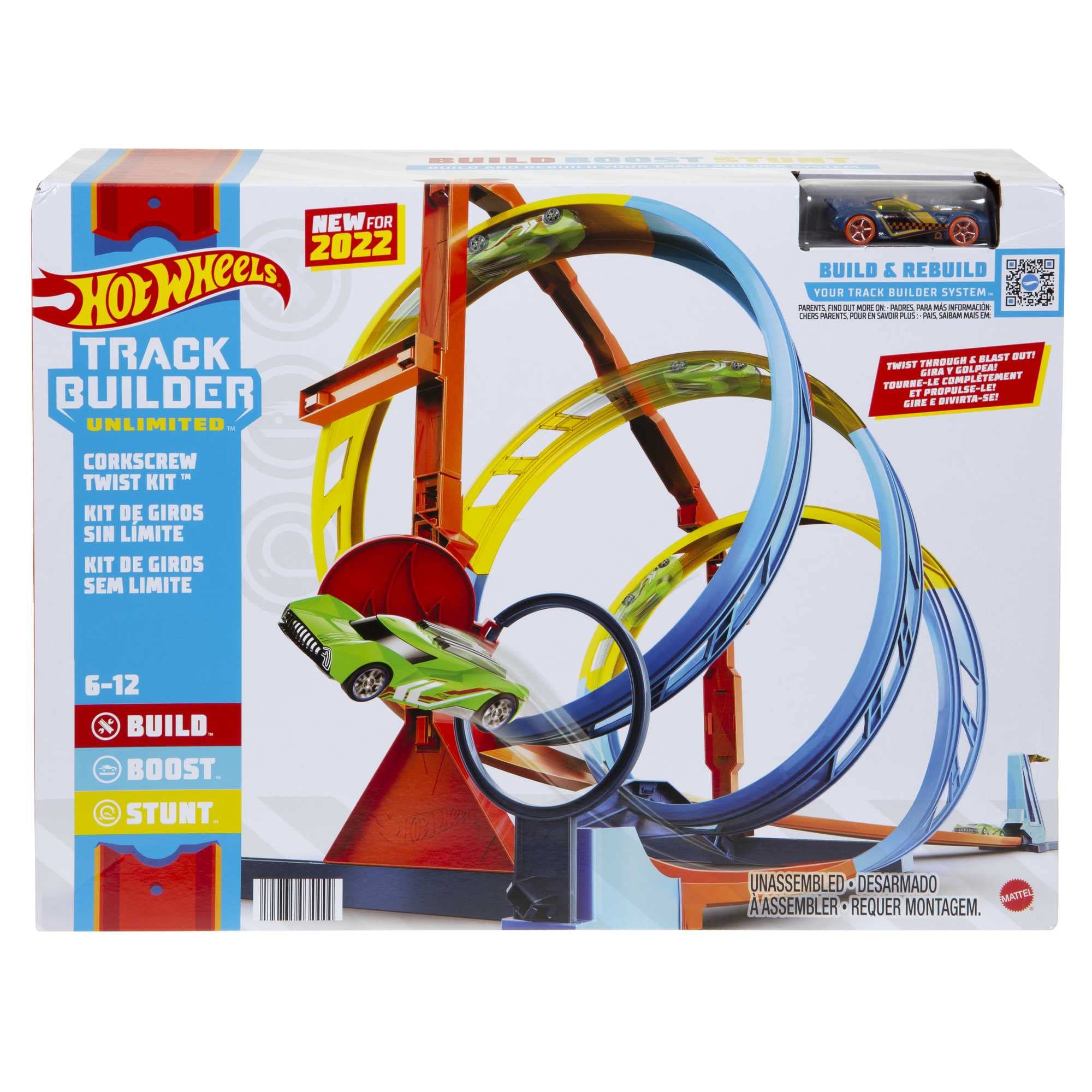 Hot Wheels corkscrew twist kit features dedicated storage spots for easy cleanup