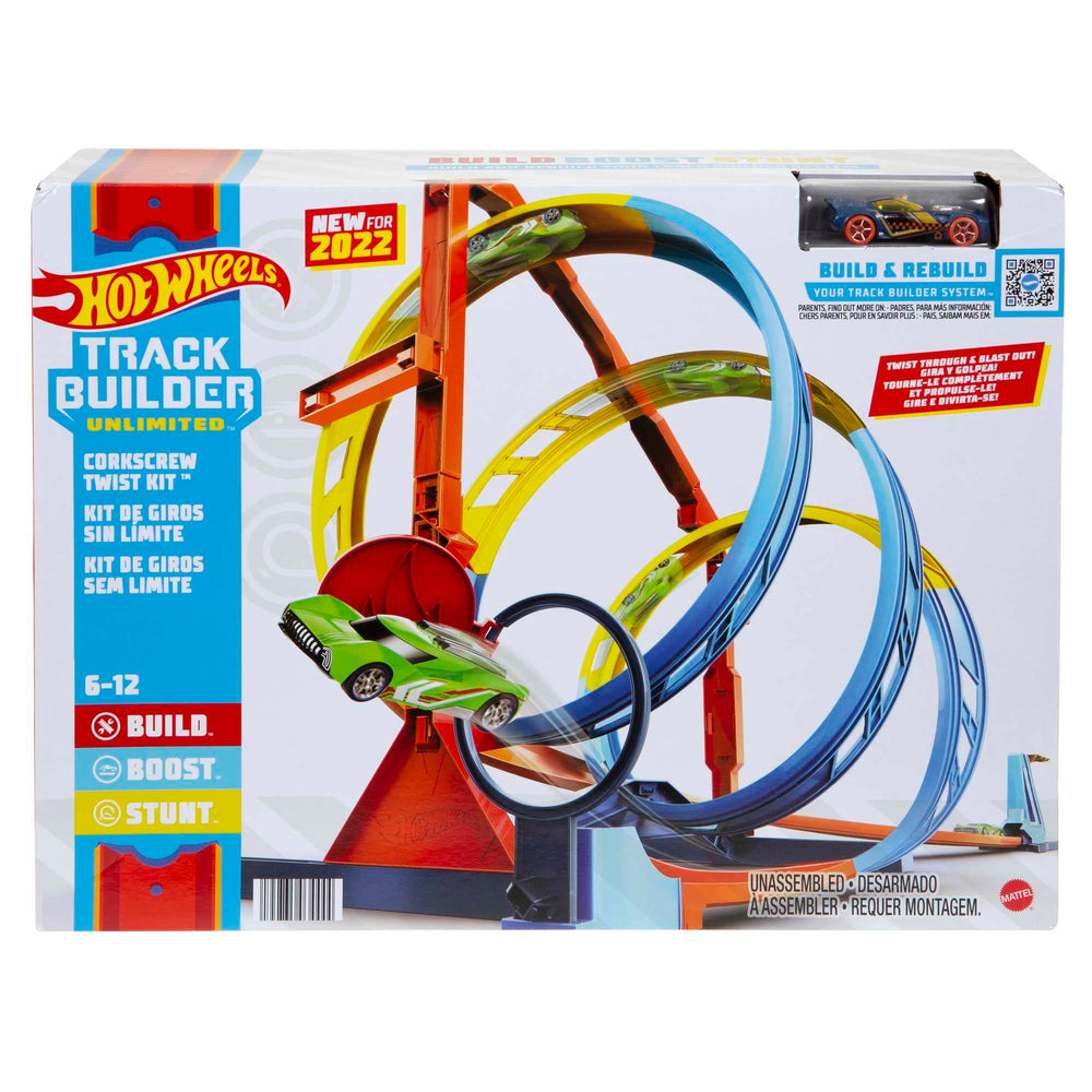 Hot Wheels corkscrew twist kit features dedicated storage spots for easy cleanup