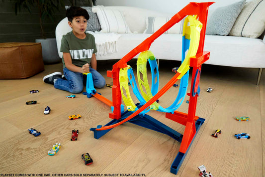 Hot Wheels corkscrew loops directing cars toward the final target