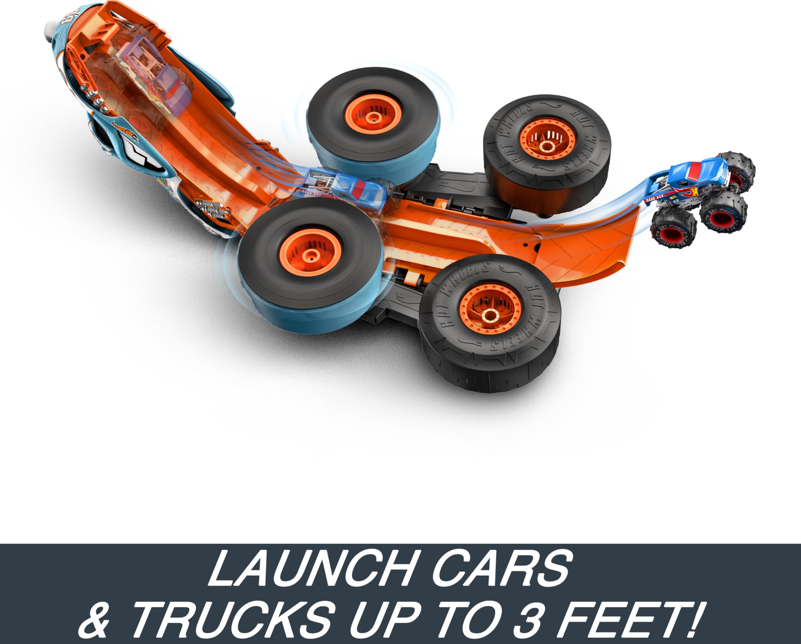 Track-ready launcher connects for action with Hot Wheels tracks.