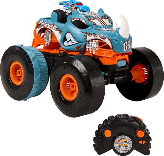 Hot Wheels Rhinomite RC truck front view with bold decals and rugged tires for action.