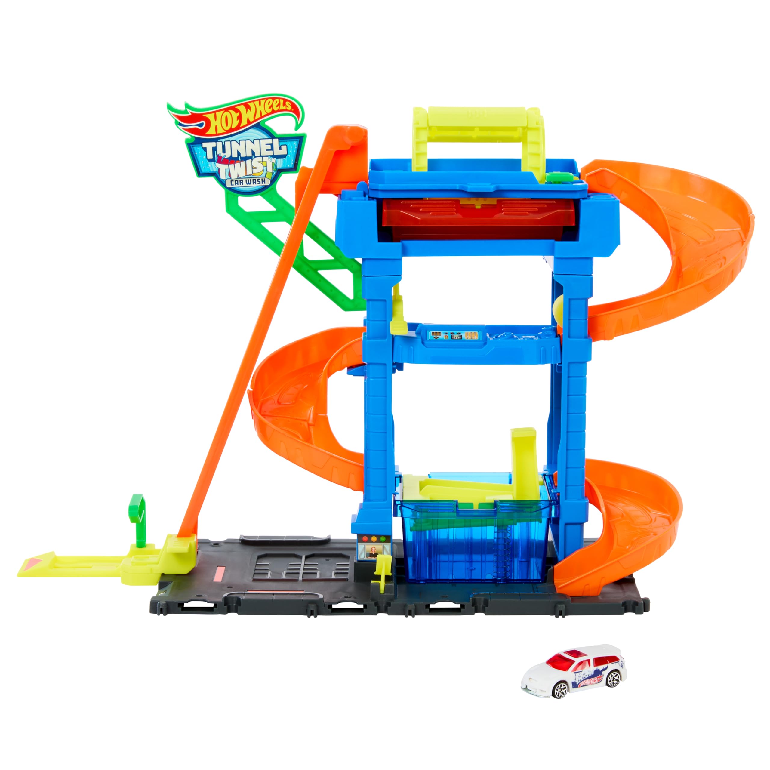 Hot Wheels Tunl Twist Car Wash water trays keep play mess-free.