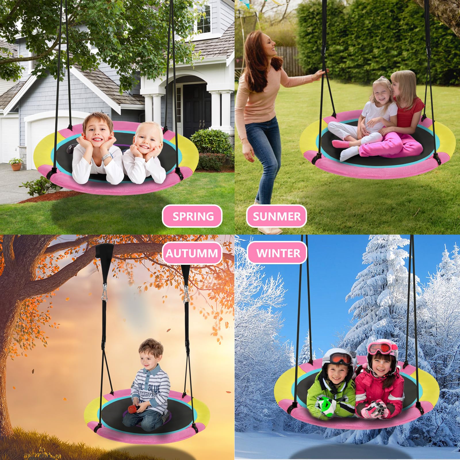 Hotjump saucer swing assembly pink, quick setup for backyard fun.