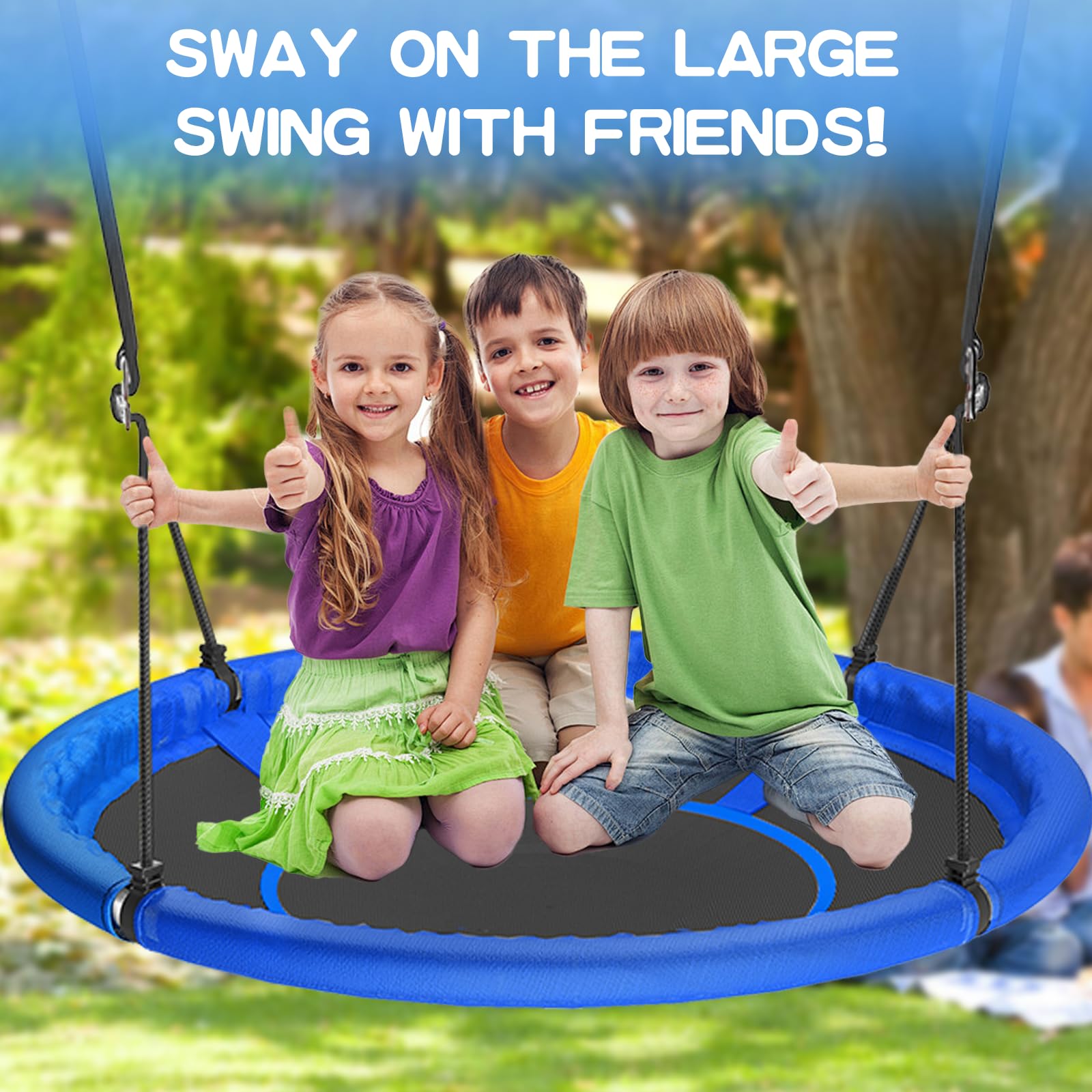 Hotjump strong ropes and metal rings provide secure mounting for the saucer swing.