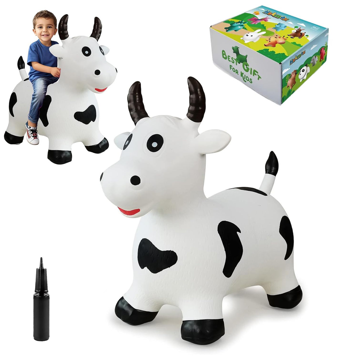 HotMax bouncy cow hopper side view inviting active play for toddlers.