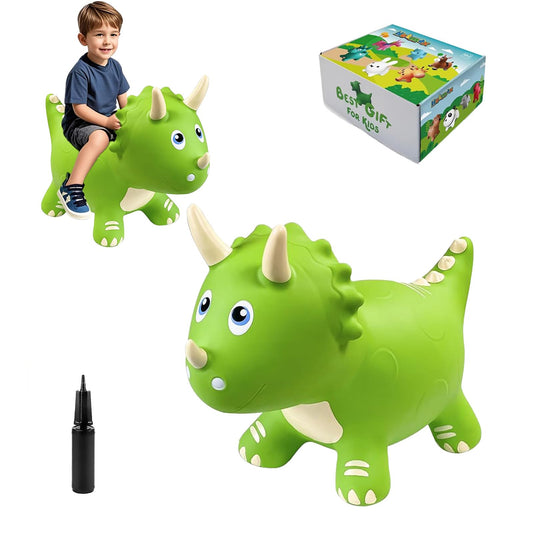 HotMax dinosaur bouncy hopper green front view shows active play and motor development.