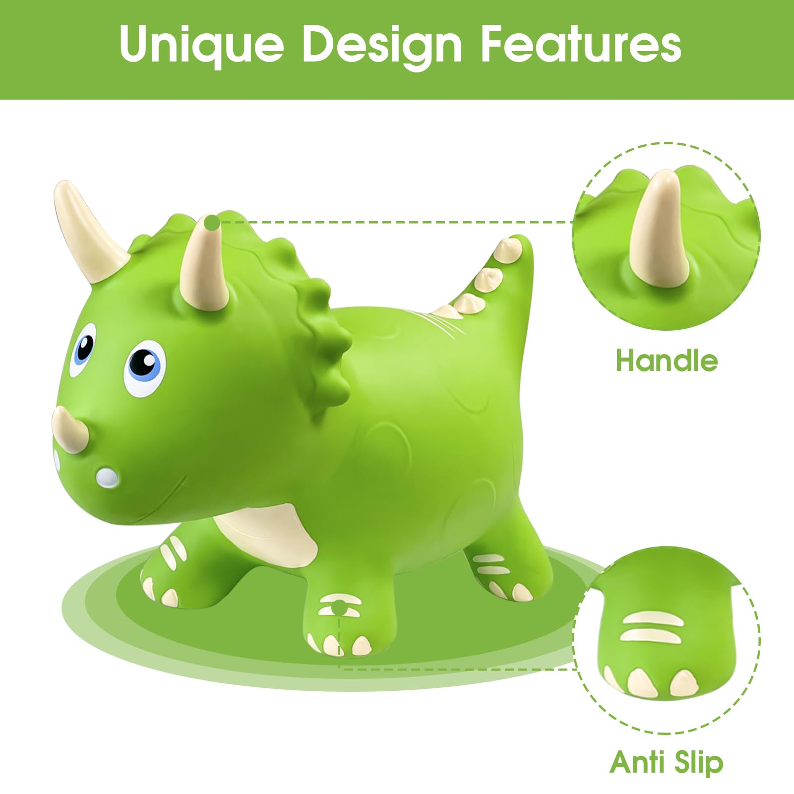 HotMax dinosaur bouncy hopper green side view ideal for balance and coordination.