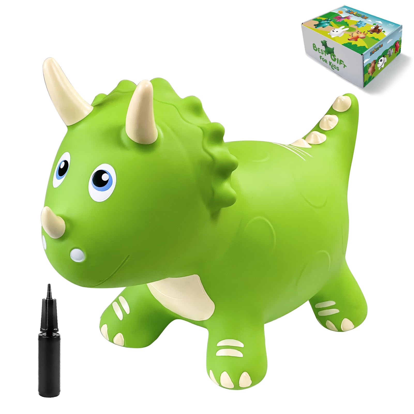 Kids enjoying HotMax dinosaur bouncy hopper for imaginative adventures.