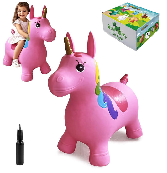 HotMax Unicorn Bouncy Horse pink side view for indoor play and balance training