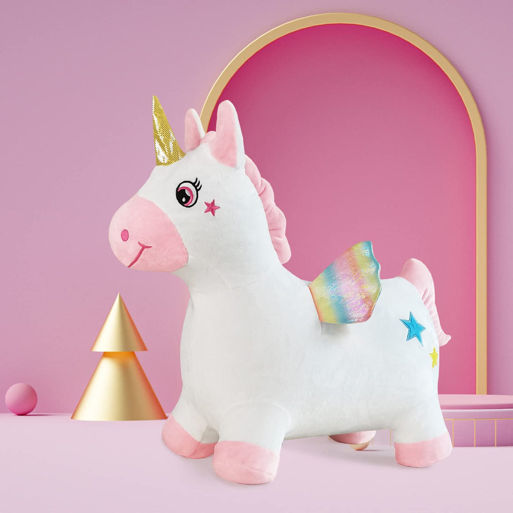 HotMax Unicorn Bouncy Horse ride indoors promotes safe, supervised fun.