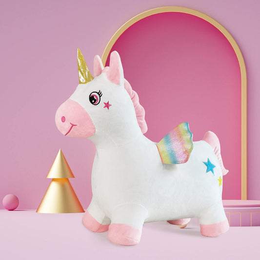 HotMax Unicorn Bouncy Horse ride indoors promotes safe, supervised fun.