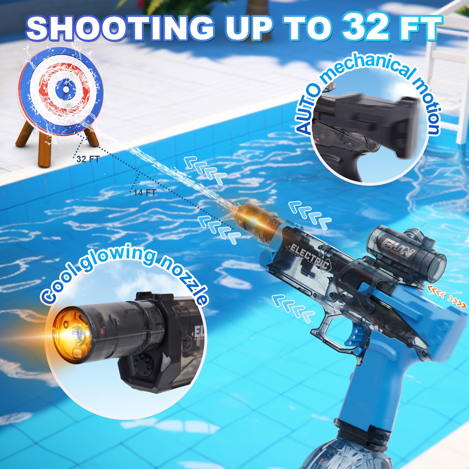 Houscly water gun with a 32-foot shooting range for outdoor battles.