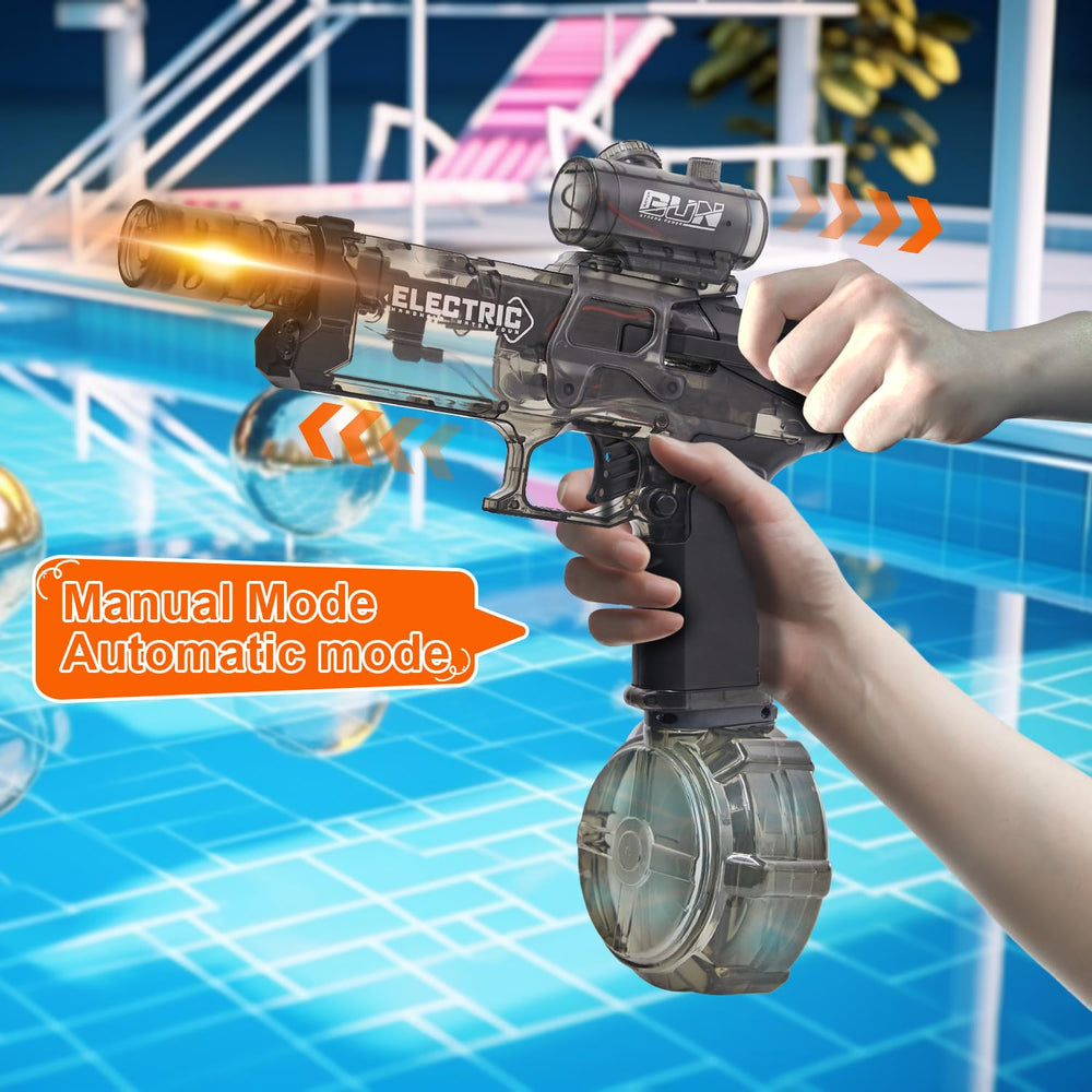 Houscly dual-mode water gun offering manual or automatic bursts.