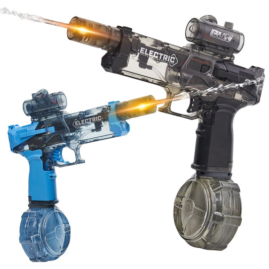 Houscly electric water gun with glowing LED muzzle for night battles.