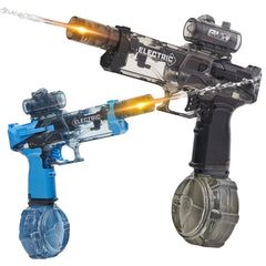 Houscly electric water gun with glowing LED muzzle for night battles.