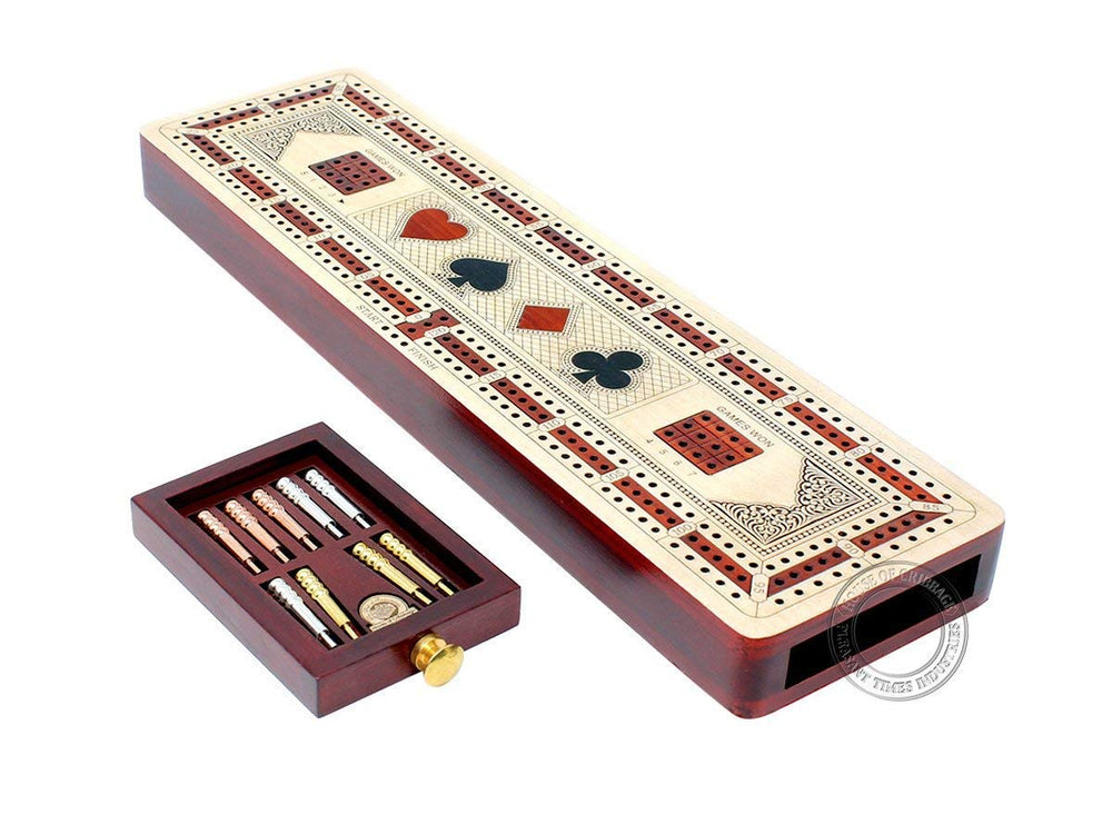 House of Cribbage 3-track board with maple and bloodwood inlay for elegant play.