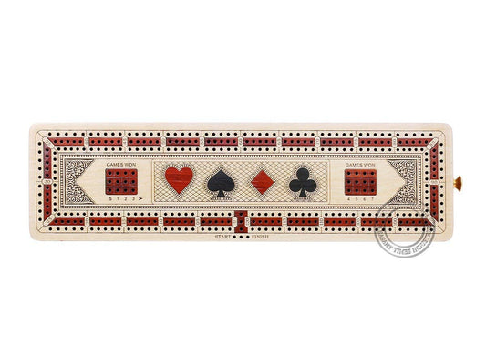House of Cribbage engraved tracks on maple and bloodwood highlight precise scoring.
