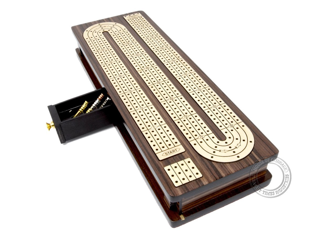 House of Cribbage board with four continuous tracks and maple inlay for precise play