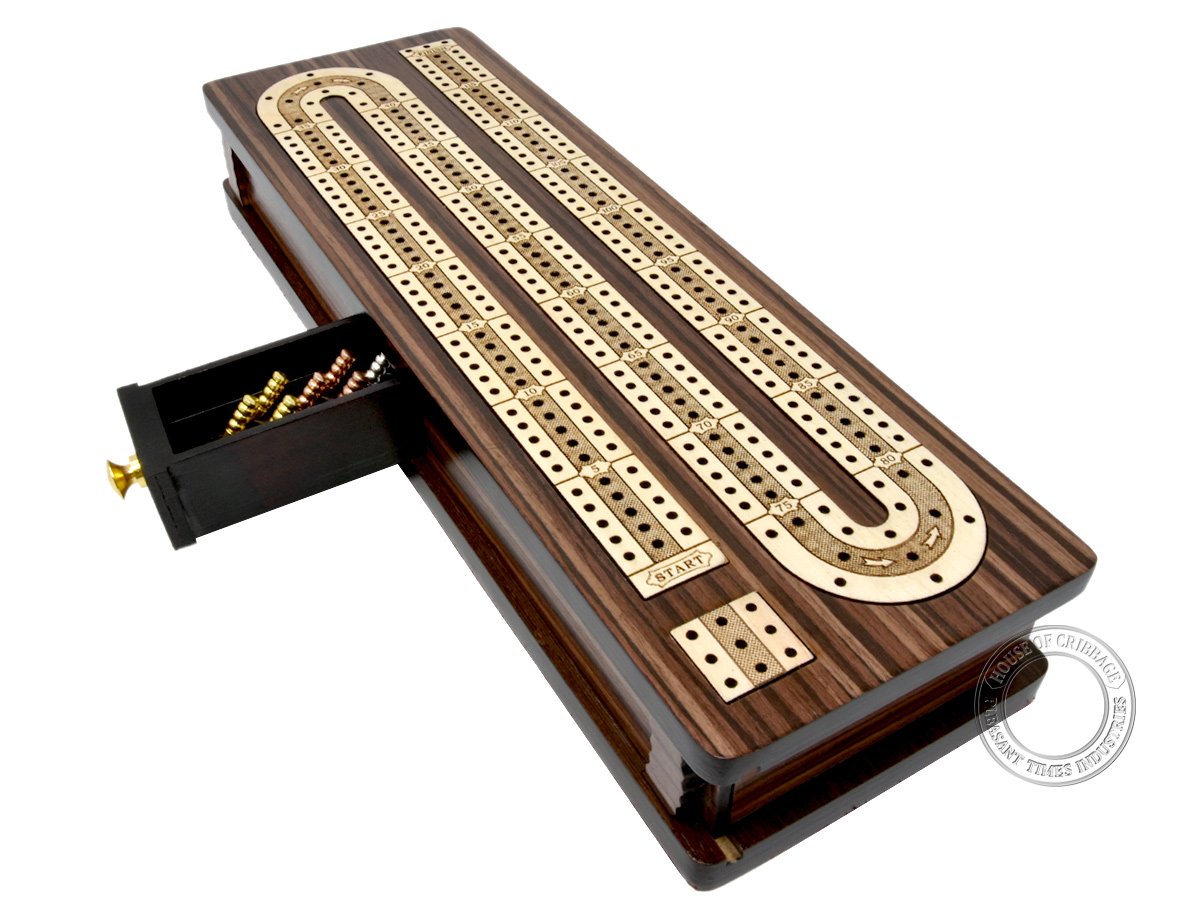 House of Cribbage continuous board with rosewood-maple inlay for 3 players