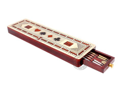 House of Cribbage drawer with magnetic lock stores pegs securely.