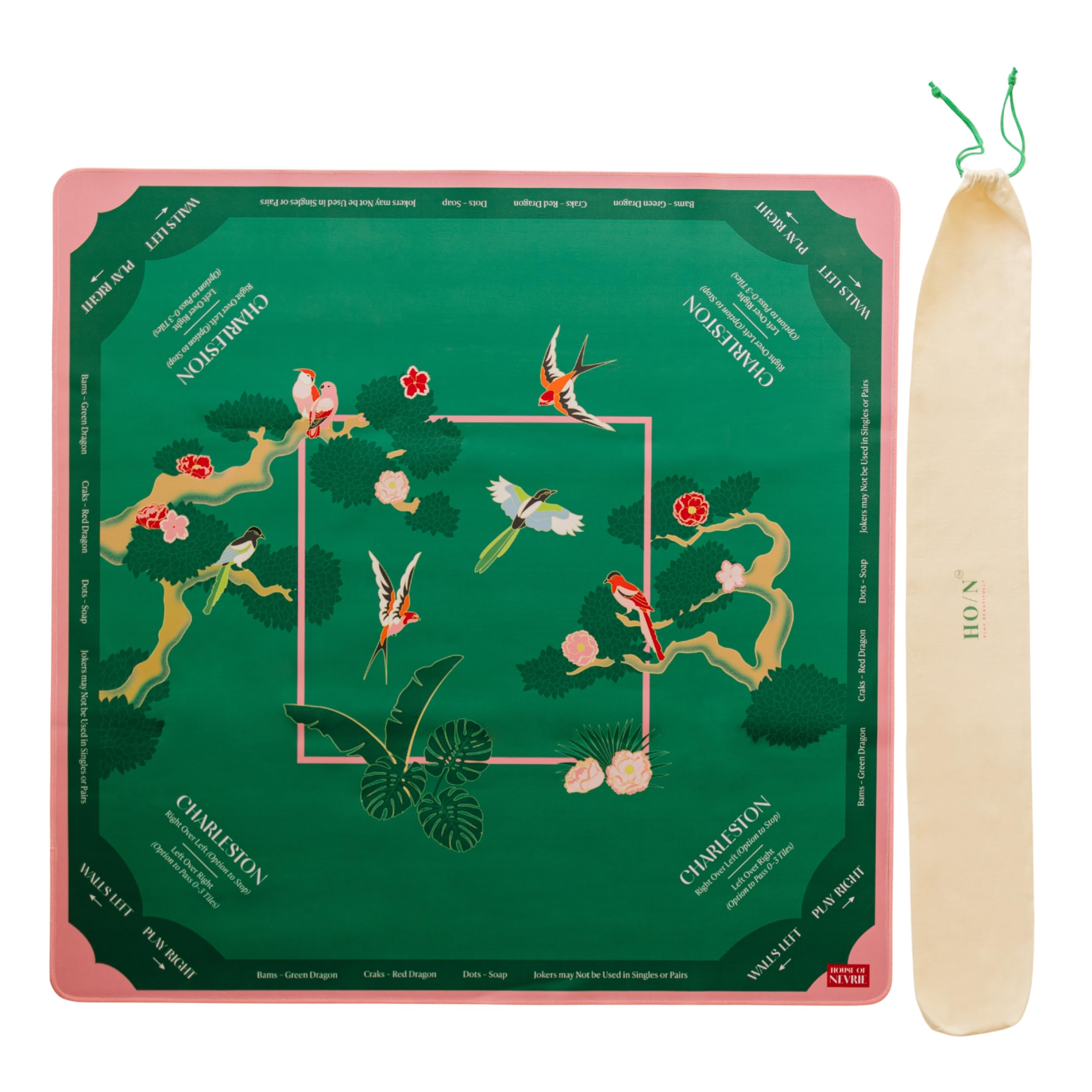 House of Nevrie Mahjong mat rolled in carry bag for travel and storage.