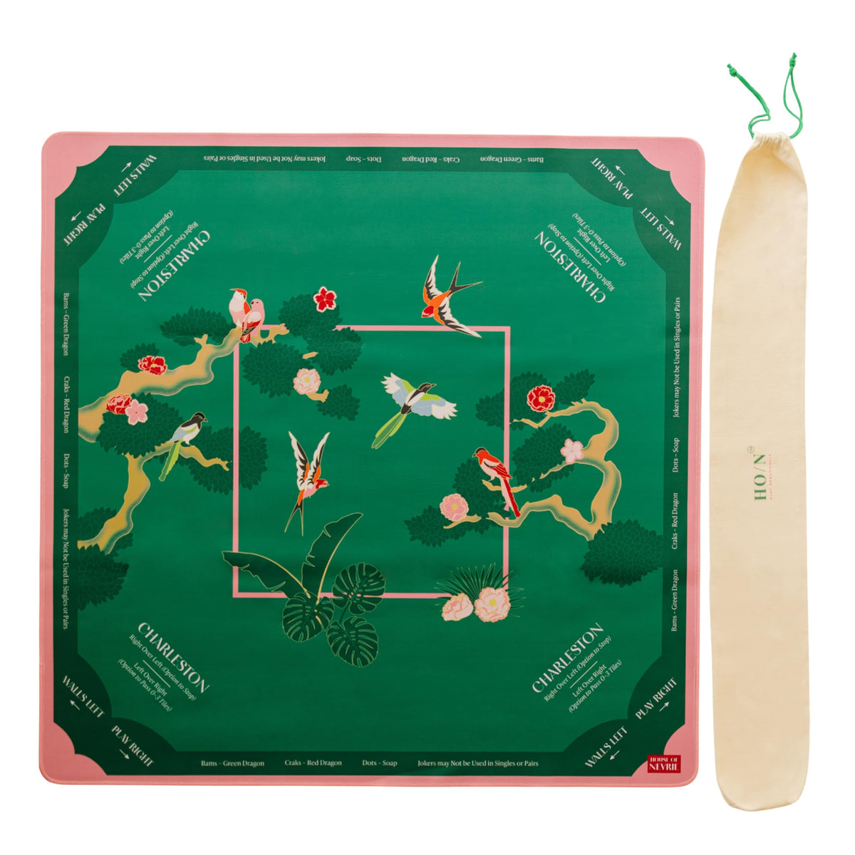House of Nevrie Mahjong mat rolled in carry bag for travel and storage.