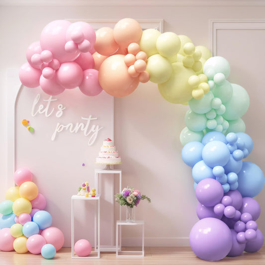 House of Party pastel rainbow balloon arch kit creates a soft colorful centerpiece for celebrations.