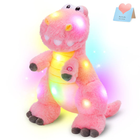 Houwsbaby 13-inch glowing T-Rex plush with light-up eyes provides bedtime comfort.