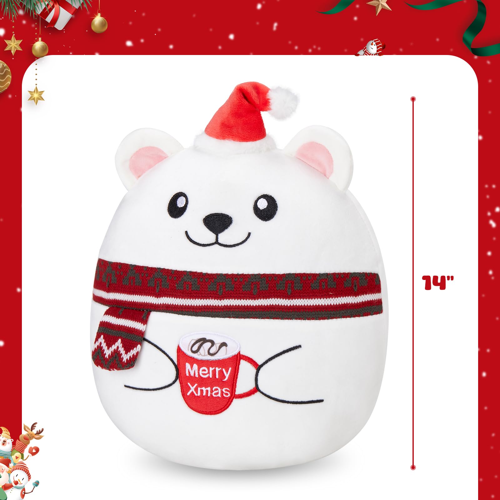 Merry Xmas mug feature on the Houwsbaby plush pillow enhances festive decor.