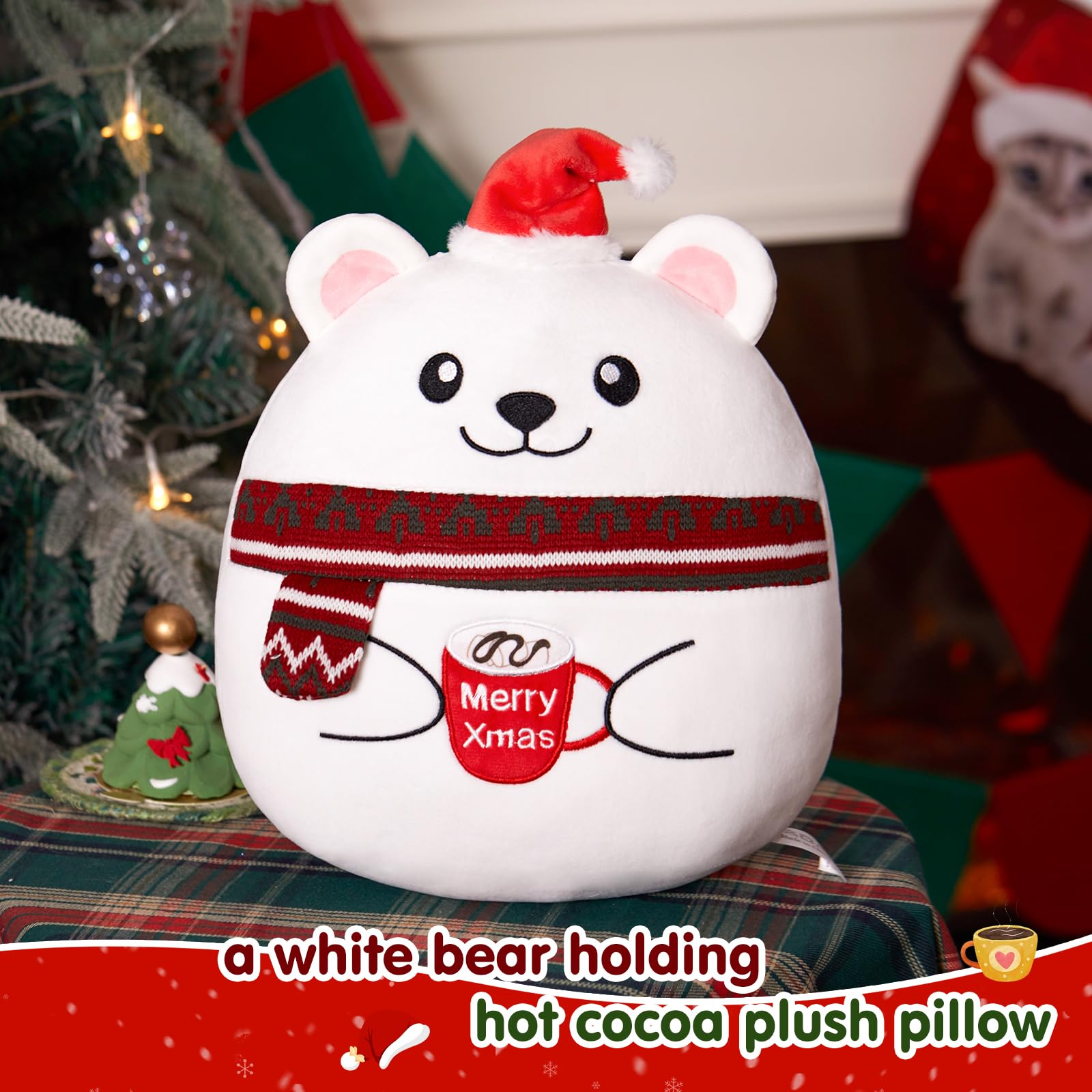 Close-up of the scarf and stitched details on the Houwsbaby polar bear plush pillow.