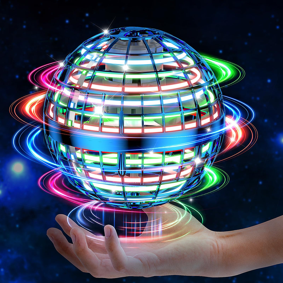HoviSco AI Flying Orb blue globe with LED lights for versatile play