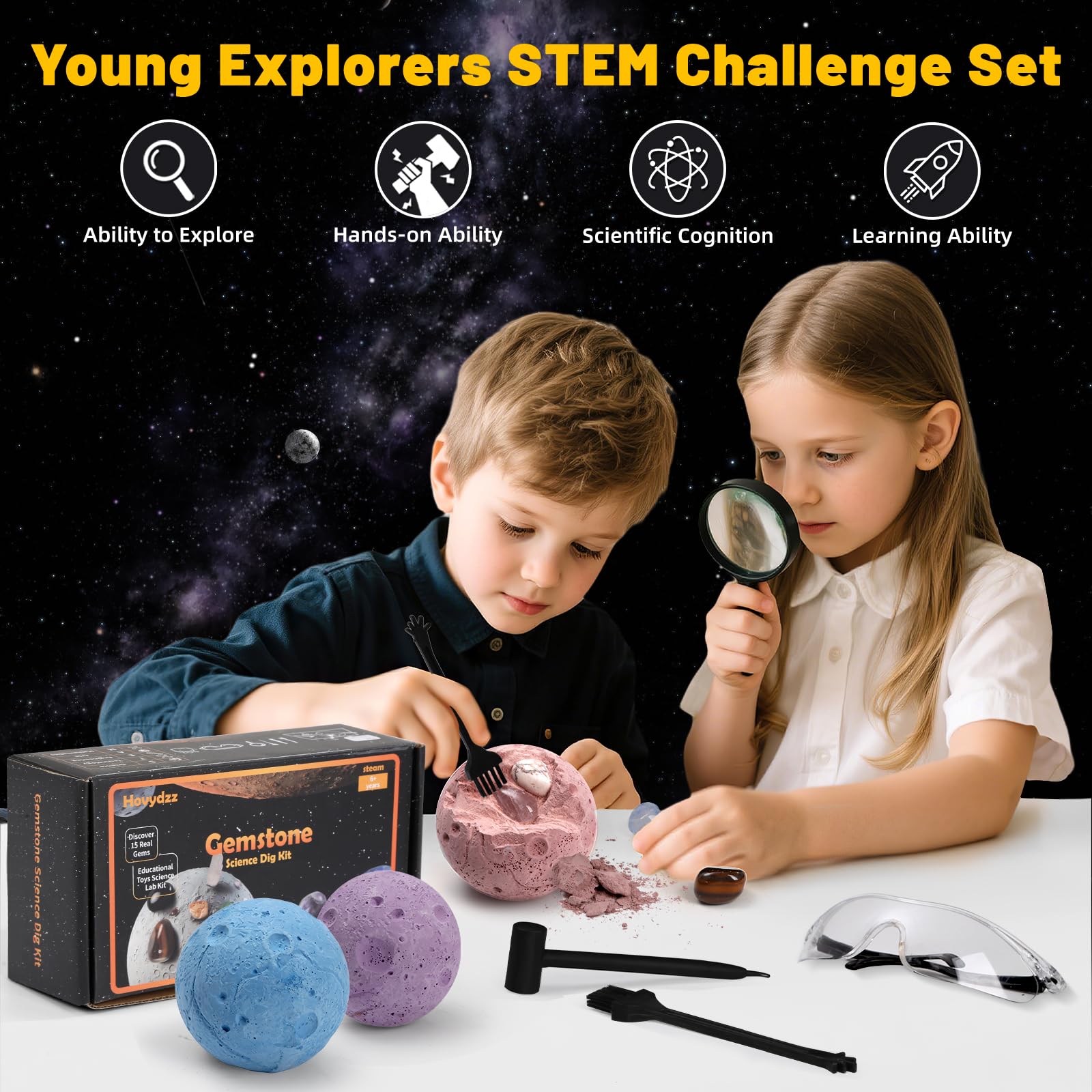 Hovydzz Gemstones Dig Kit immersive space mining adventure fosters curiosity and problem solving.