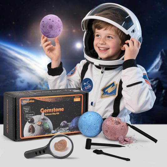 Hovydzz Gemstones Dig Kit tools: goggles, brushes, chisels and magnifiers ready for digging.