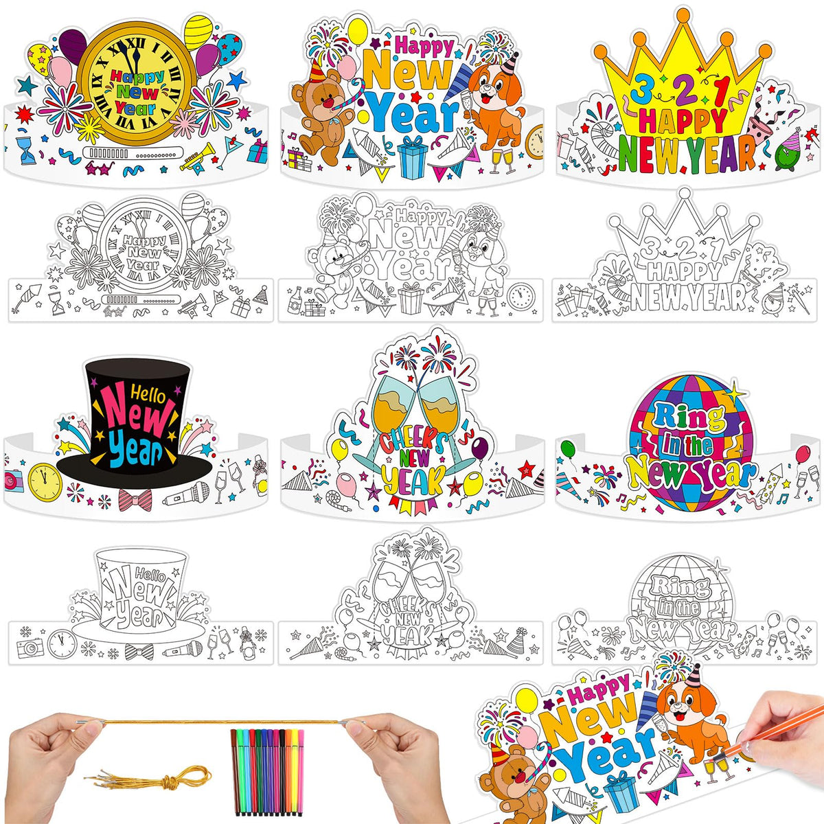 HOWAF 18pc New Year craft kit with crowns ready for coloring in classroom or home