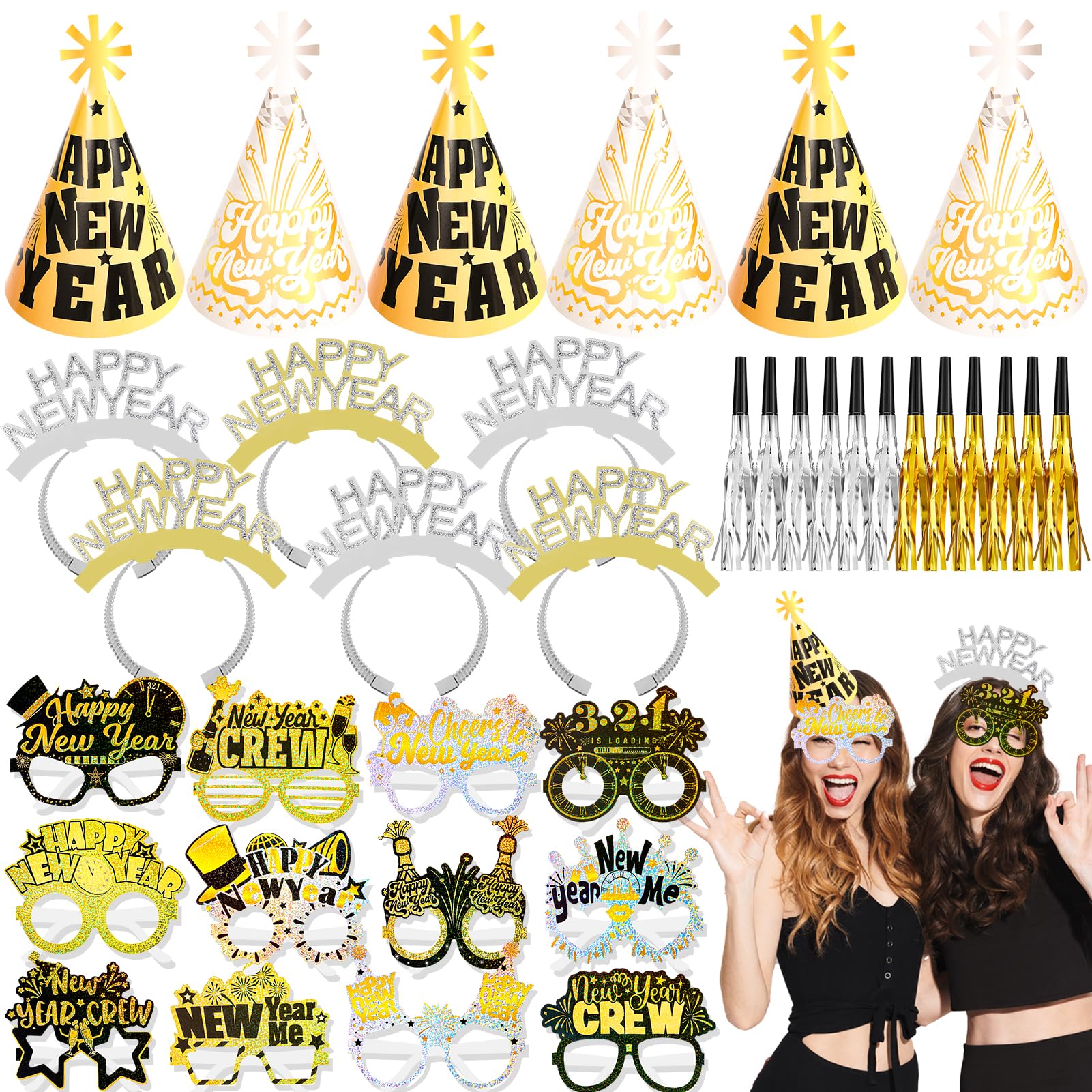 HOWAF 36-pcs New Year party kit hats for festive NYE celebrations and quick setup.