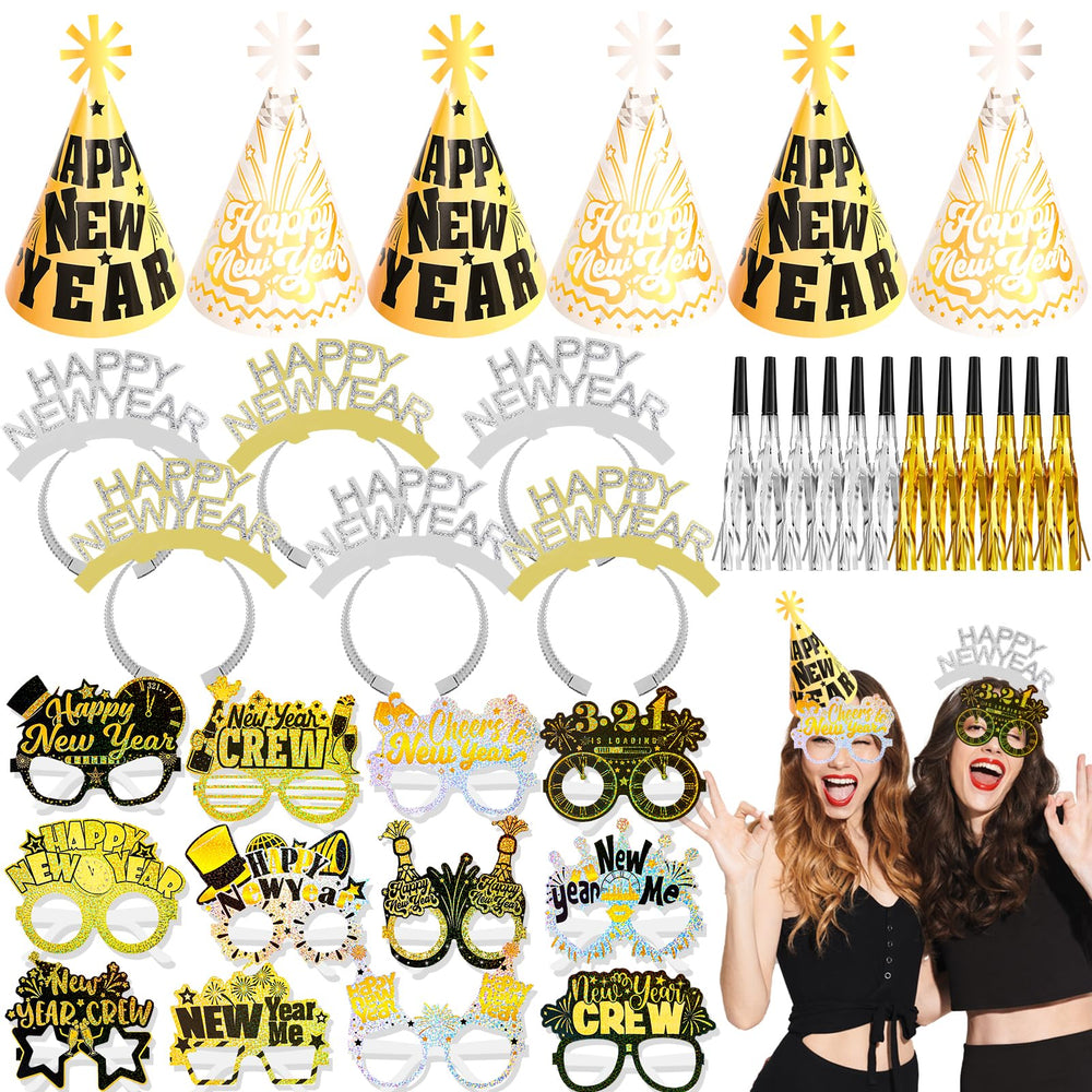 HOWAF 36-pcs New Year party kit hats for festive NYE celebrations and quick setup.