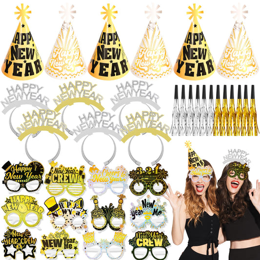 HOWAF 36-pcs New Year party kit hats for festive NYE celebrations and quick setup.