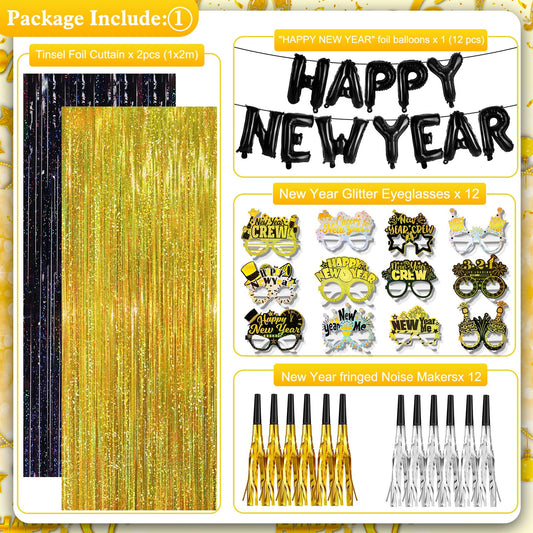 HOWAF black gold fringe backdrop creates a glamorous NYE photo wall.
