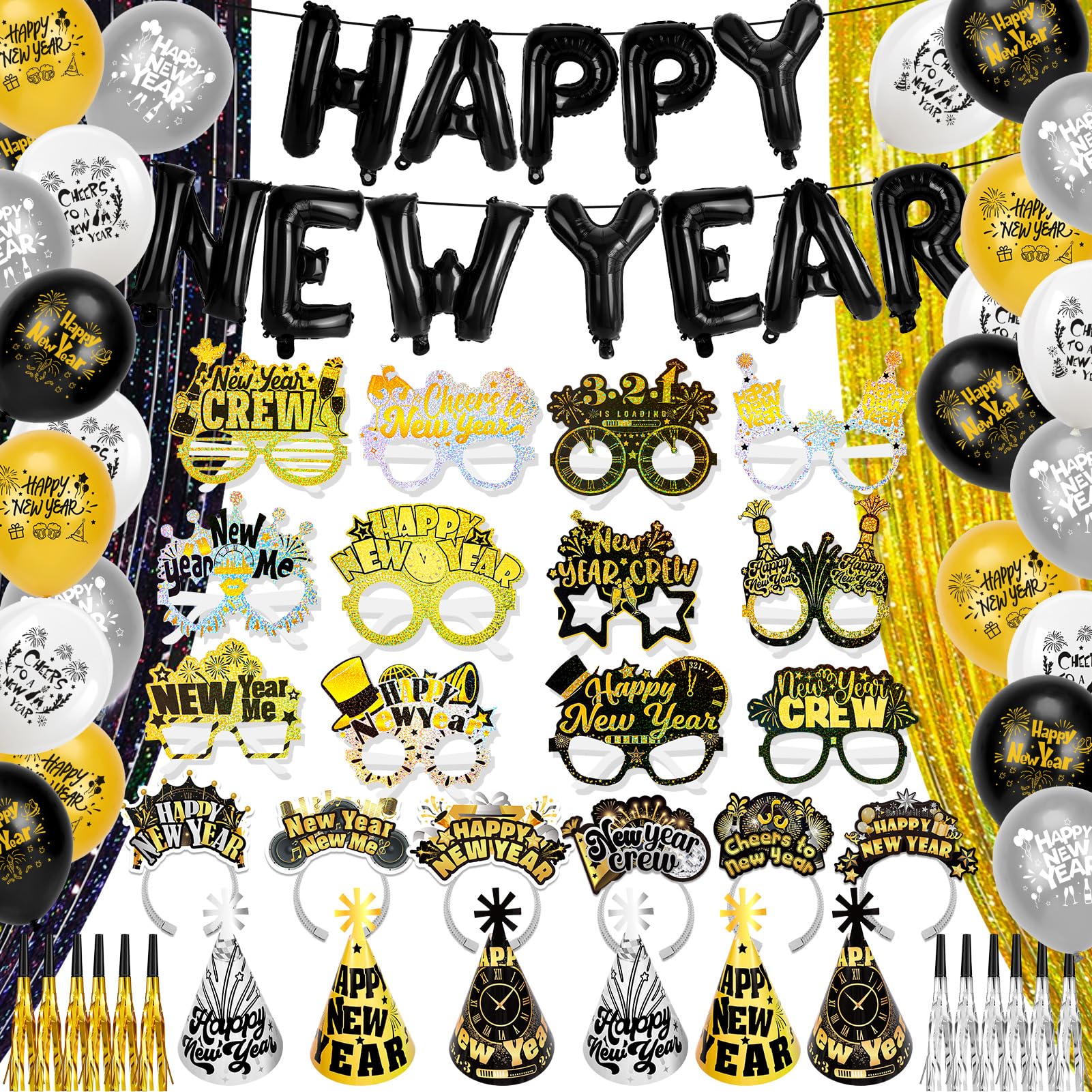 HOWAF glitter New Year's Eve glasses highlight guests in festive photos.