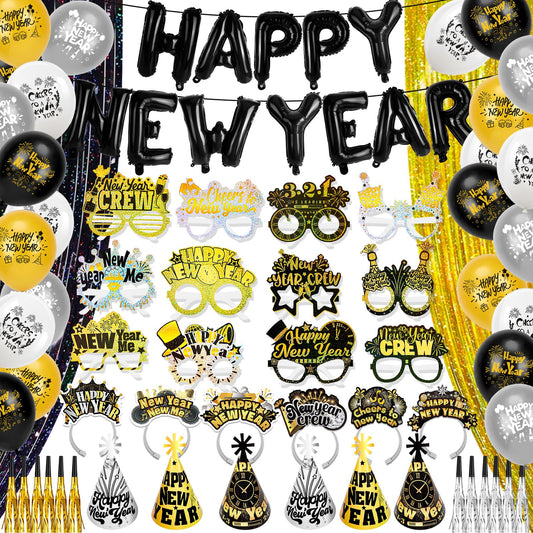 HOWAF glitter New Year's Eve glasses highlight guests in festive photos.
