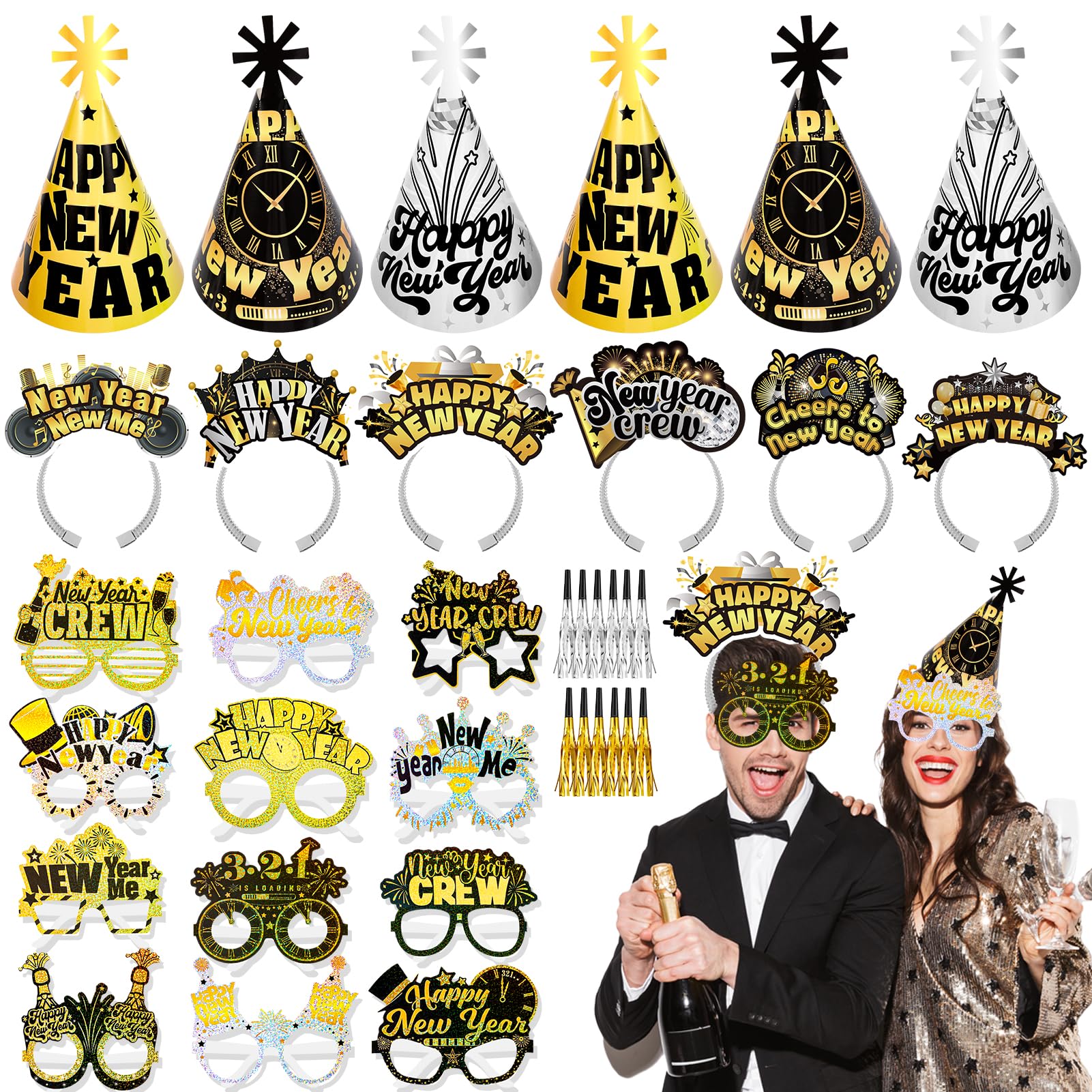 HOWAF New Year hats cone set showcases bold black and gold design for festive photos.
