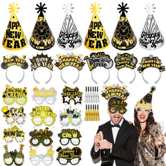 HOWAF New Year hats cone set showcases bold black and gold design for festive photos.