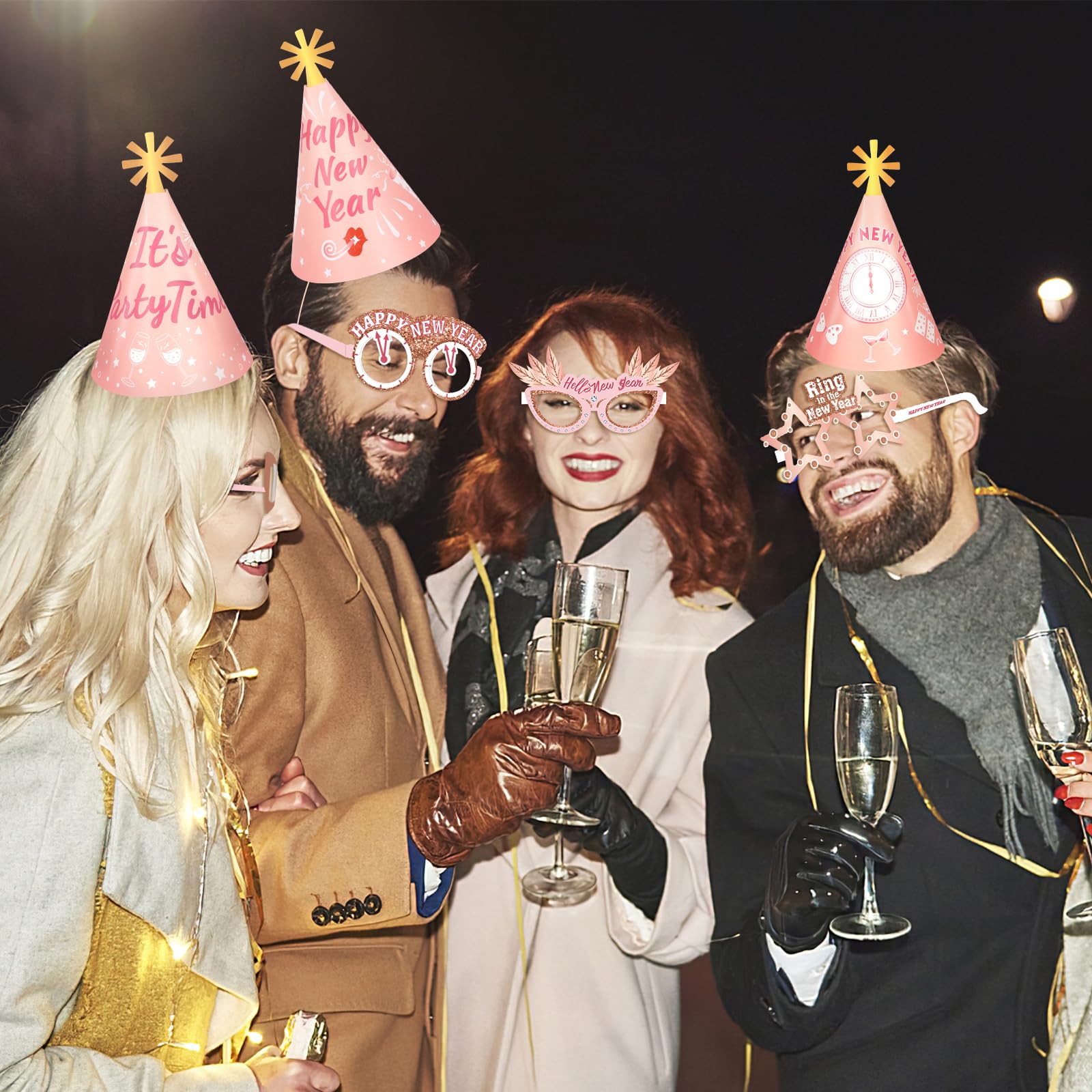 HOWAF Rose Gold New Year Photo Props enhance group photos.