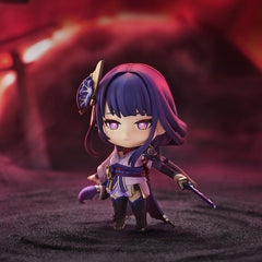 HOYOVERSE Raiden Shogun chibi figure in dynamic pose for eye-catching shelf display.